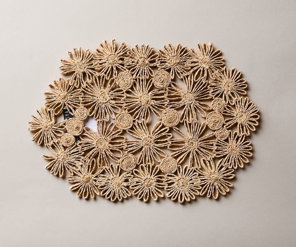 Fleur Raffia Placemat, Natural Color Flowers Woven Tabletop - Liza Pruitt