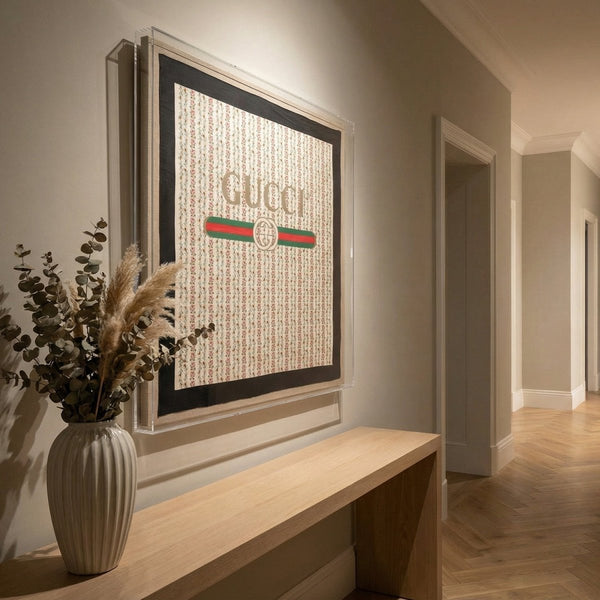 Framed Gucci Logo on Floral Scarf in a 36x36x2 Shadowbox - Liza Pruitt