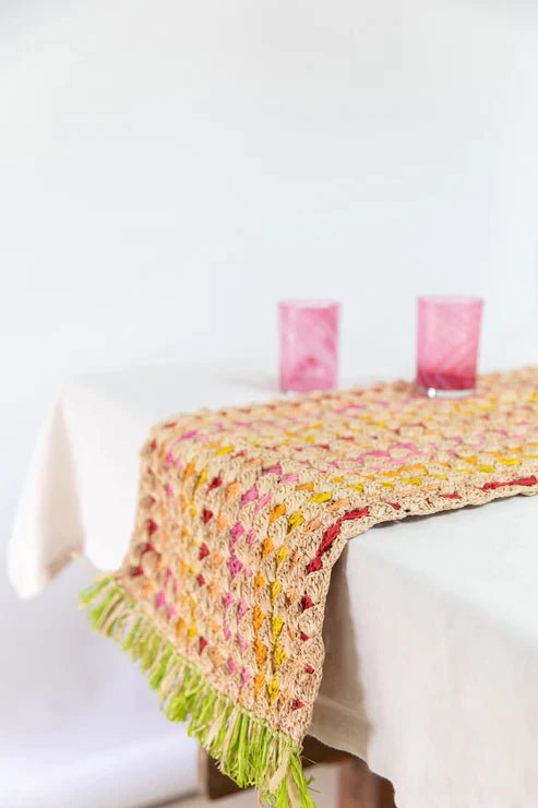 Fringe Table Runner, Floral raffia tabletop - Liza Pruitt