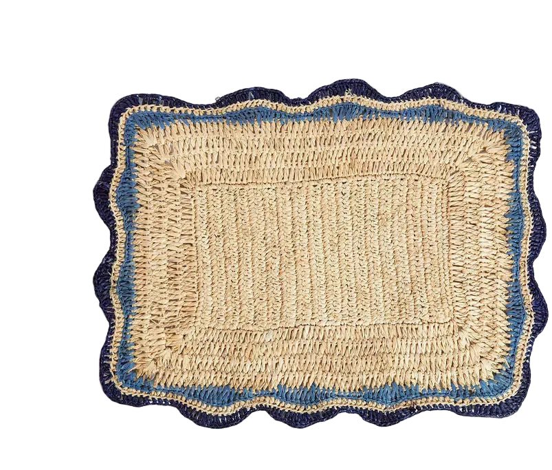 Garden Party placemats with Blue Edges, Handmade Woven Rectangular Table Mats, Natural raffia boho Placemat for Dining Table - Liza Pruitt