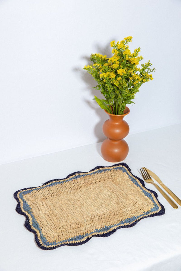 Garden Party placemats with Blue Edges, Handmade Woven Rectangular Table Mats, Natural raffia boho Placemat for Dining Table - Liza Pruitt