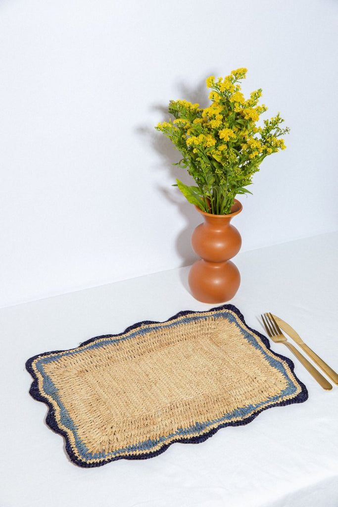 Garden Party placemats with Blue Edges, Handmade Woven Rectangular Table Mats, Natural raffia boho Placemat for Dining Table - Liza Pruitt