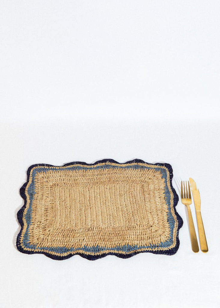 Garden Party placemats with Blue Edges, Handmade Woven Rectangular Table Mats, Natural raffia boho Placemat for Dining Table - Liza Pruitt