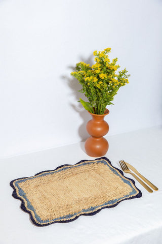 Garden Party placemats with Blue Edges, Handmade Woven Rectangular Table Mats, Natural raffia boho Placemat for Dining Table - Liza Pruitt