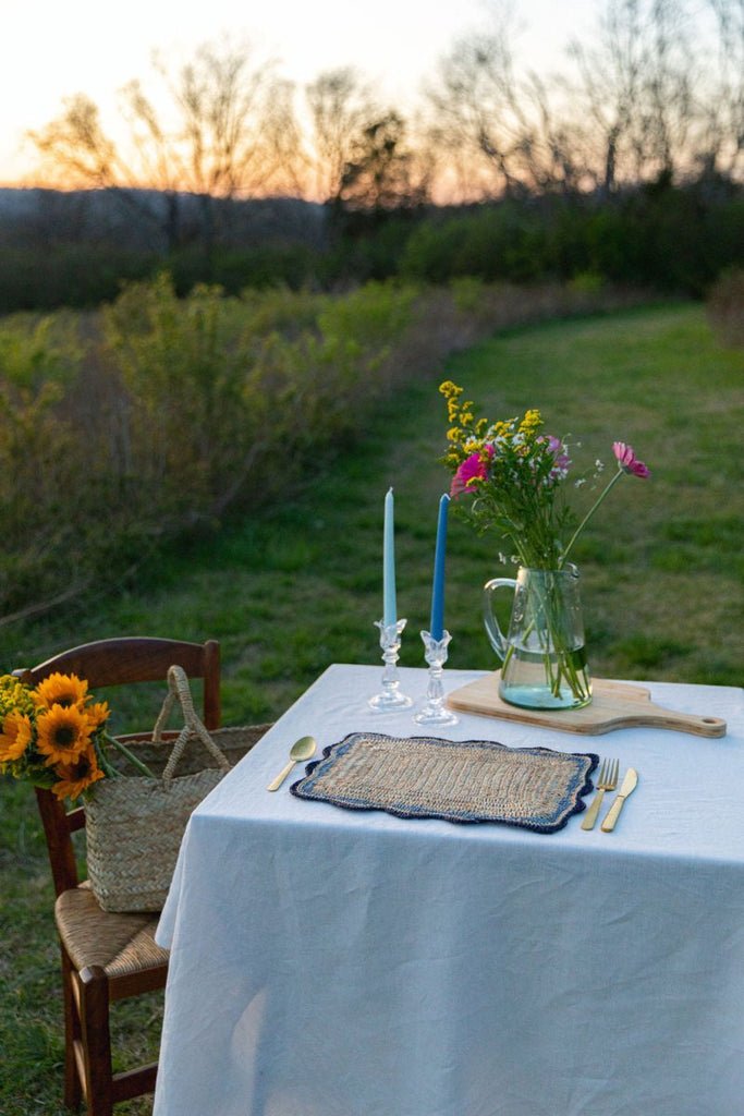 Garden Party placemats with Blue Edges, Handmade Woven Rectangular Table Mats, Natural raffia boho Placemat for Dining Table - Liza Pruitt