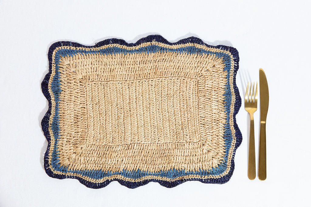 Garden Party placemats with Blue Edges, Handmade Woven Rectangular Table Mats, Natural raffia boho Placemat for Dining Table - Liza Pruitt