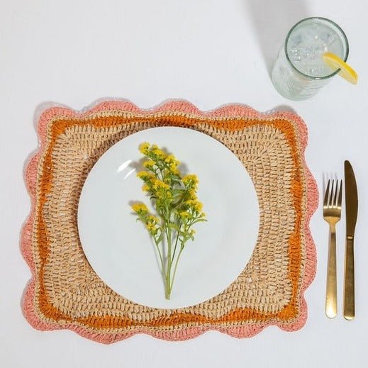 Garden Party placemats with Pink and Orange Edges, Hand Woven Rectangular Table Mat - Liza Pruitt
