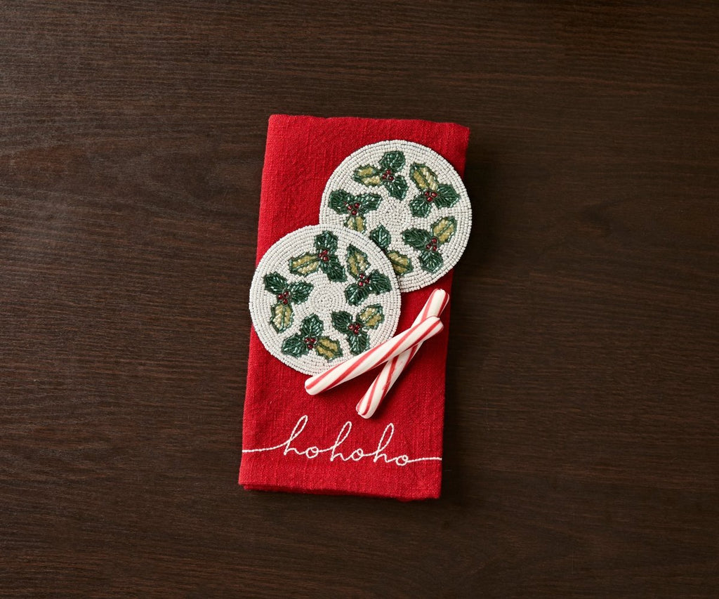 Hand - sewn Embroidery Seed Beaded Coasters | Red Berry Foliage Christmas Design | Payton James Holiday Table Decor - Liza Pruitt