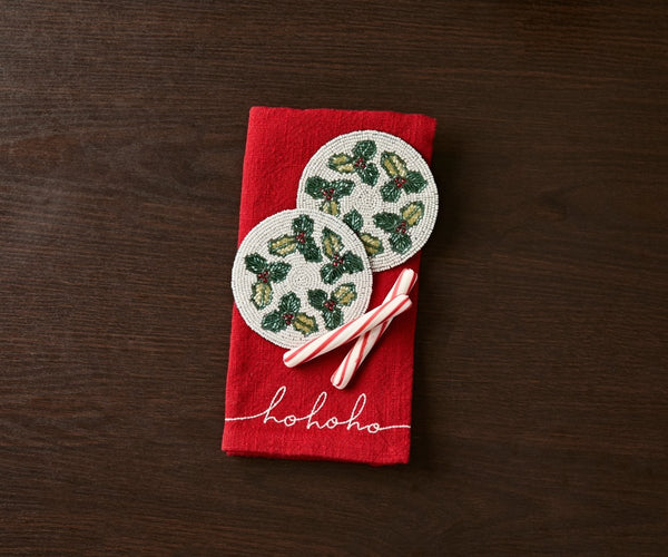 Hand - sewn Embroidery Seed Beaded Coasters | Red Berry Foliage Christmas Design | Payton James Holiday Table Decor - Liza Pruitt