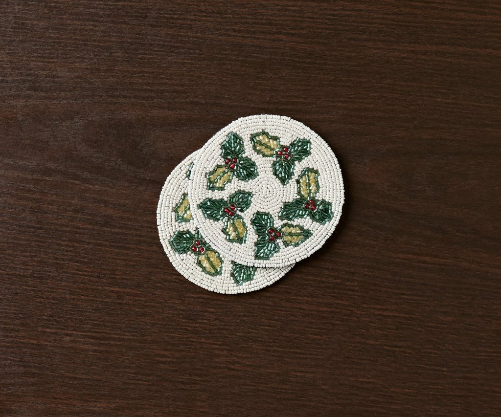 Hand - sewn Embroidery Seed Beaded Coasters | Red Berry Foliage Christmas Design | Payton James Holiday Table Decor - Liza Pruitt