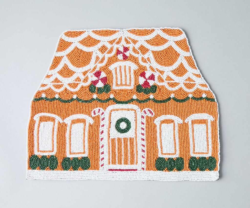 Handicraft Gingerbread House Beaded Placemat, Christmas decoration gift for her – Christmas Handmade Beaded Placemats for Dining - Liza Pruitt