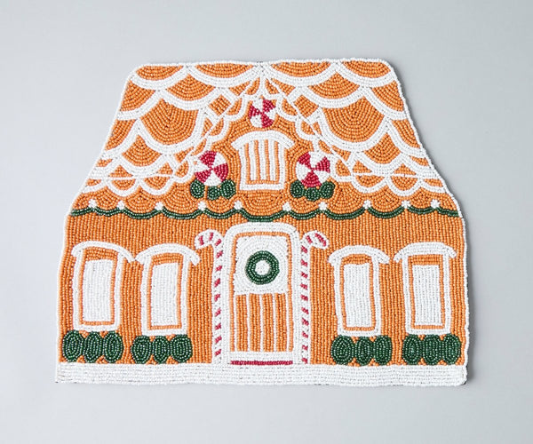 Handicraft Gingerbread House Beaded Placemat, Christmas decoration gift for her – Christmas Handmade Beaded Placemats for Dining - Liza Pruitt
