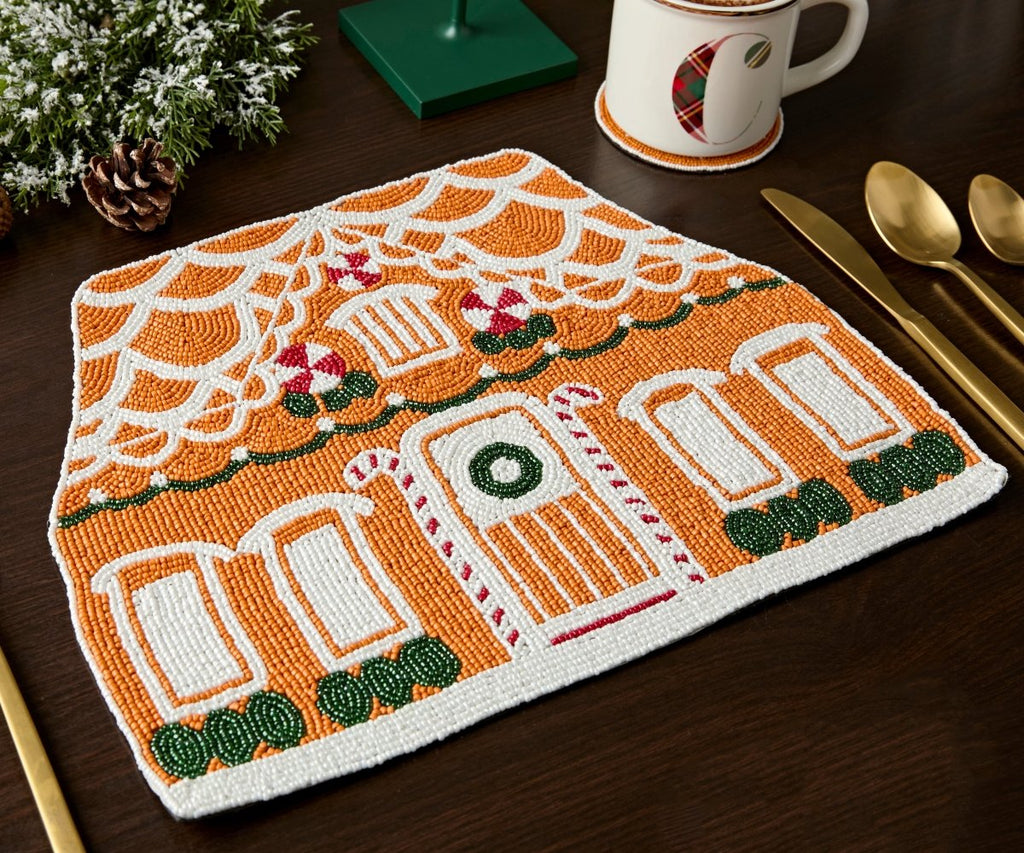 Handicraft Gingerbread House Beaded Placemat, Christmas decoration gift for her – Christmas Handmade Beaded Placemats for Dining - Liza Pruitt