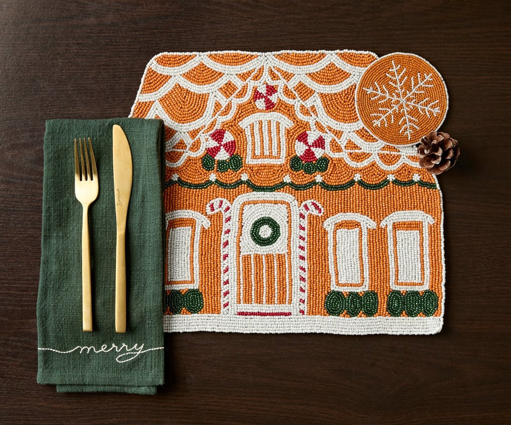Handicraft Gingerbread House Beaded Placemat, Christmas decoration gift for her – Christmas Handmade Beaded Placemats for Dining - Liza Pruitt