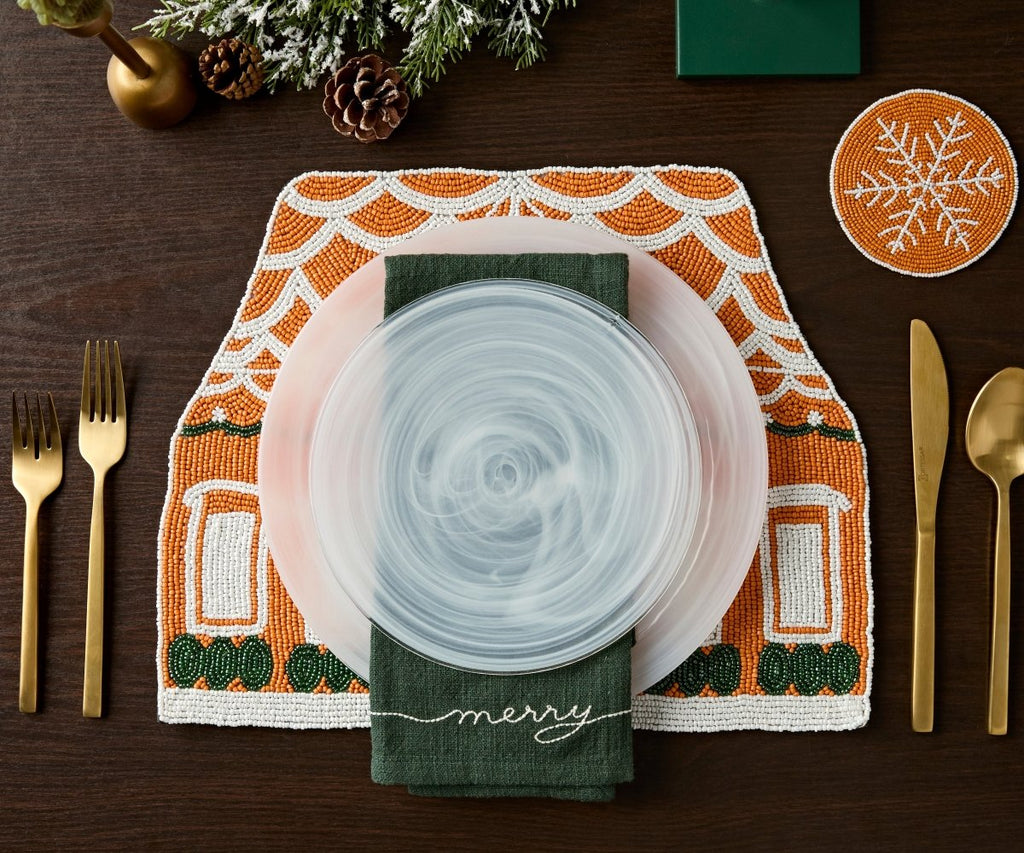 Handicraft Gingerbread House Beaded Placemat, Christmas decoration gift for her – Christmas Handmade Beaded Placemats for Dining - Liza Pruitt