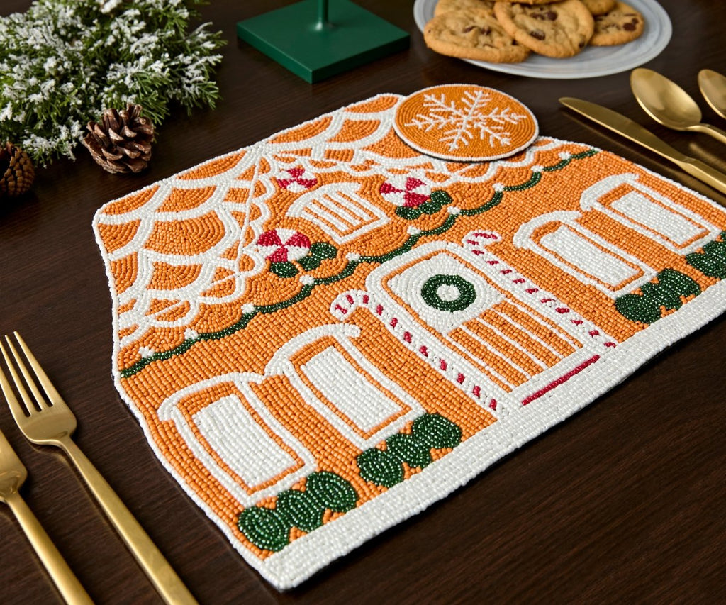 Handicraft Gingerbread House Beaded Placemat, Christmas decoration gift for her – Christmas Handmade Beaded Placemats for Dining - Liza Pruitt