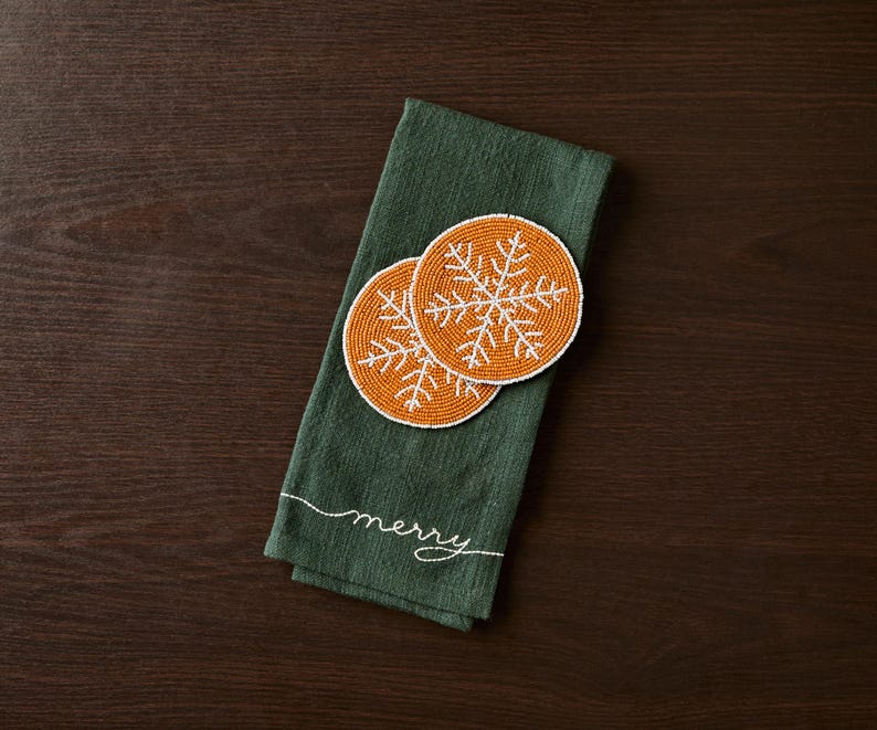 Handmade Beaded Christmas Snowflakes Coasters, White and Yellow Beads, Payton James Holiday Table Decor, Elegant Centerpiece Gift Idea - Liza Pruitt