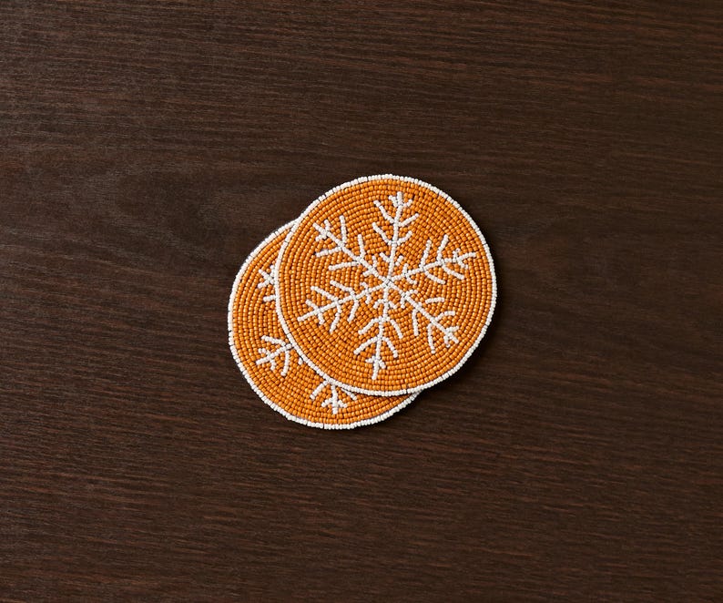 Handmade Beaded Christmas Snowflakes Coasters, White and Yellow Beads, Payton James Holiday Table Decor, Elegant Centerpiece Gift Idea - Liza Pruitt