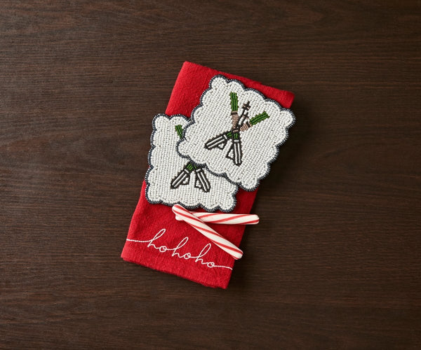 Handmade Beaded Ski Coaster with Pearls – Elegant Black, White, and Green Coaster for Tableware & Home Decor - Liza Pruitt