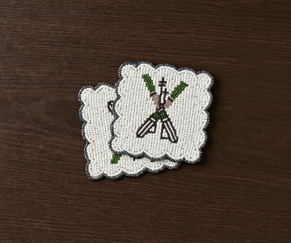 Handmade Beaded Ski Coaster with Pearls – Elegant Black, White, and Green Coaster for Tableware & Home Decor - Liza Pruitt