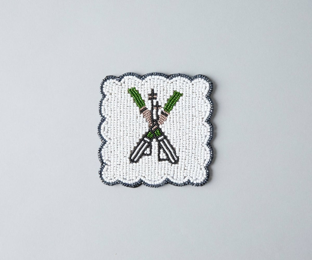 Handmade Beaded Ski Coaster with Pearls – Elegant Black, White, and Green Coaster for Tableware & Home Decor - Liza Pruitt