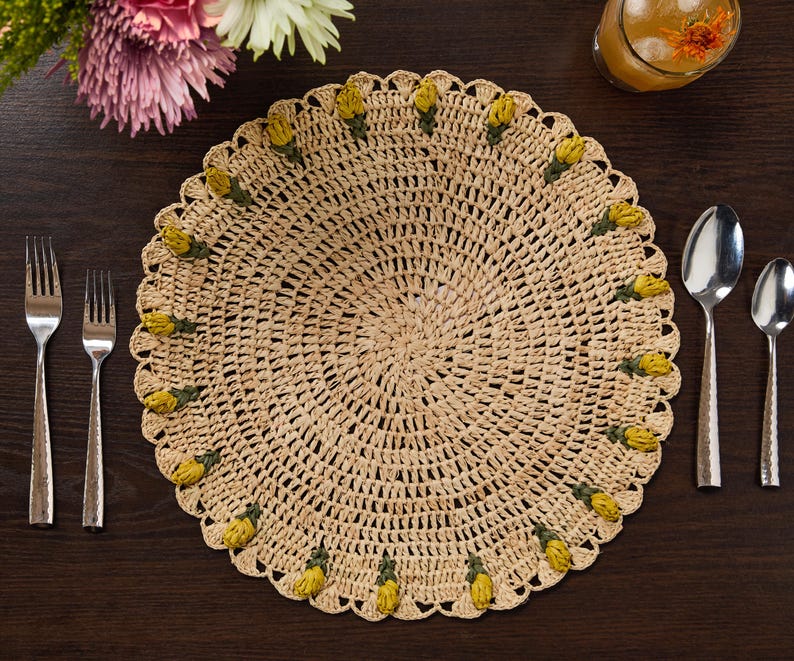 Handmade Tulip Placemat – Raffia Crochet Floral Table Mat – Spring & Easter Table Decor – Artisan Tableware – Boho Dining Accent - Liza Pruitt