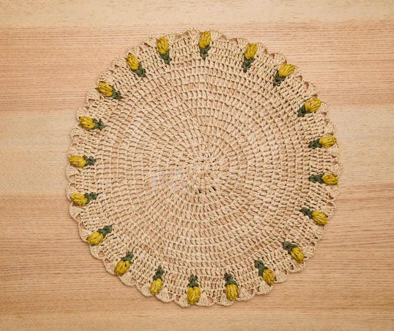 Handmade Tulip Placemat – Raffia Crochet Floral Table Mat – Spring & Easter Table Decor – Artisan Tableware – Boho Dining Accent - Liza Pruitt