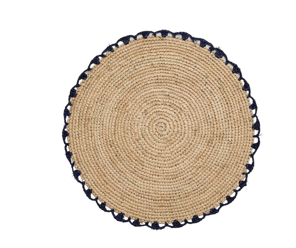 Handwoven Aura Blue Edge Placemat - Rustic Woven Raffia Tabletop Decor - Liza Pruitt
