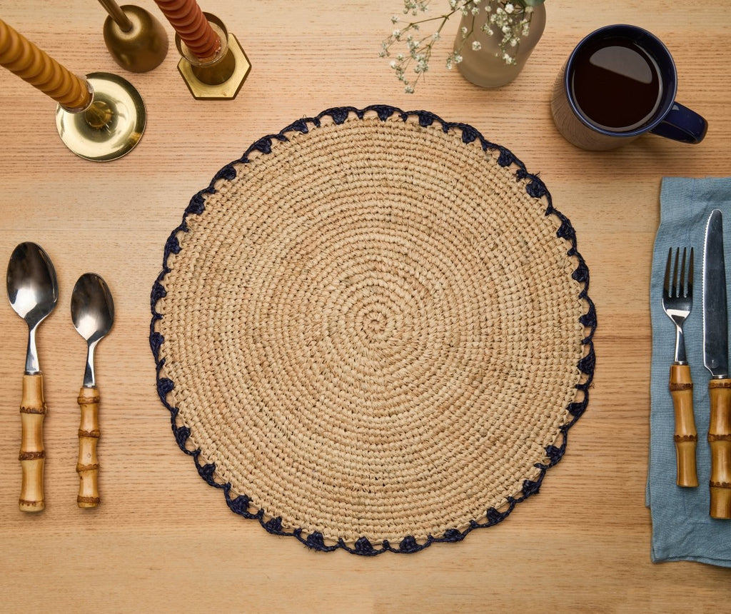 Handwoven Aura Blue Edge Placemat - Rustic Woven Raffia Tabletop Decor - Liza Pruitt