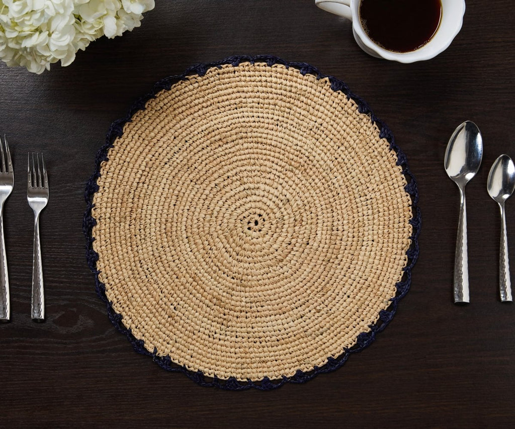 Handwoven Aura Blue Edge Placemat - Rustic Woven Raffia Tabletop Decor - Liza Pruitt