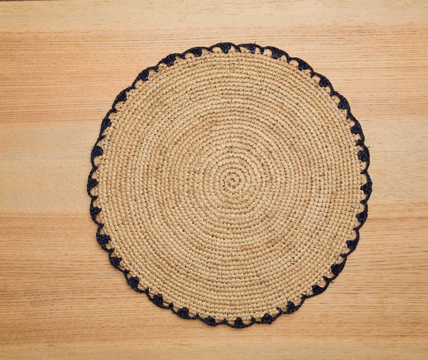 Handwoven Aura Blue Edge Placemat - Rustic Woven Raffia Tabletop Decor - Liza Pruitt