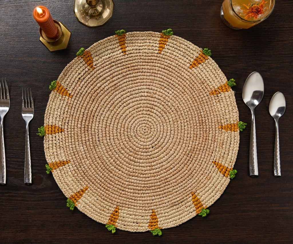 Handwoven Carrot Round Raffia Placemat – Artisan Table Décor - Liza Pruitt