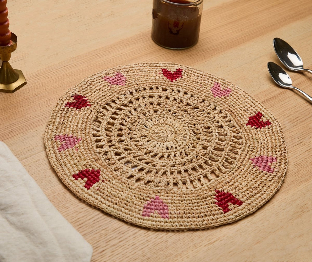 Handwoven Heart Raffia Placemat – Artisan Table Décor with Red & Pink Hearts - Liza Pruitt