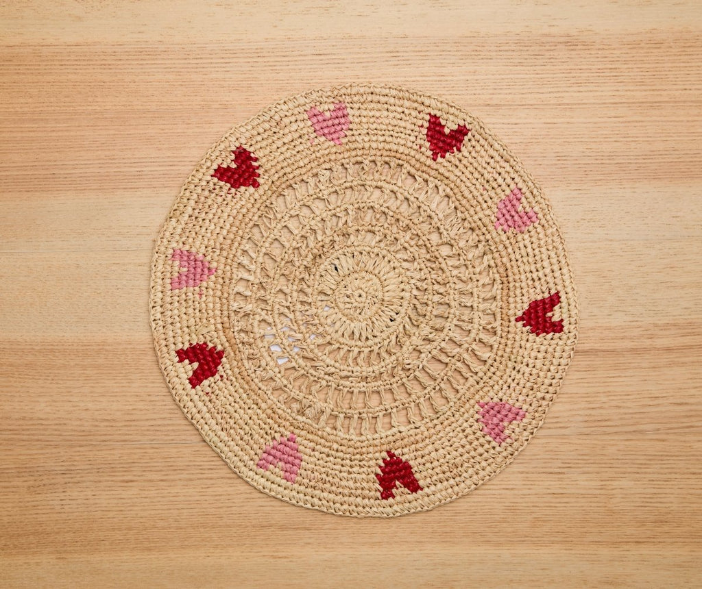 Handwoven Heart Raffia Placemat – Artisan Table Décor with Red & Pink Hearts - Liza Pruitt