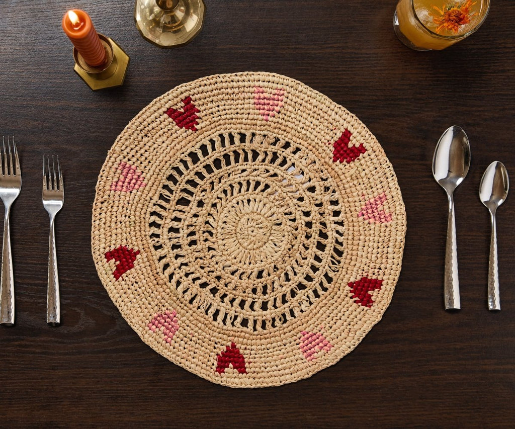 Handwoven Heart Raffia Placemat – Artisan Table Décor with Red & Pink Hearts - Liza Pruitt