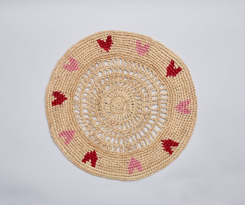 Handwoven Heart Raffia Placemat – Artisan Table Décor with Red & Pink Hearts - Liza Pruitt
