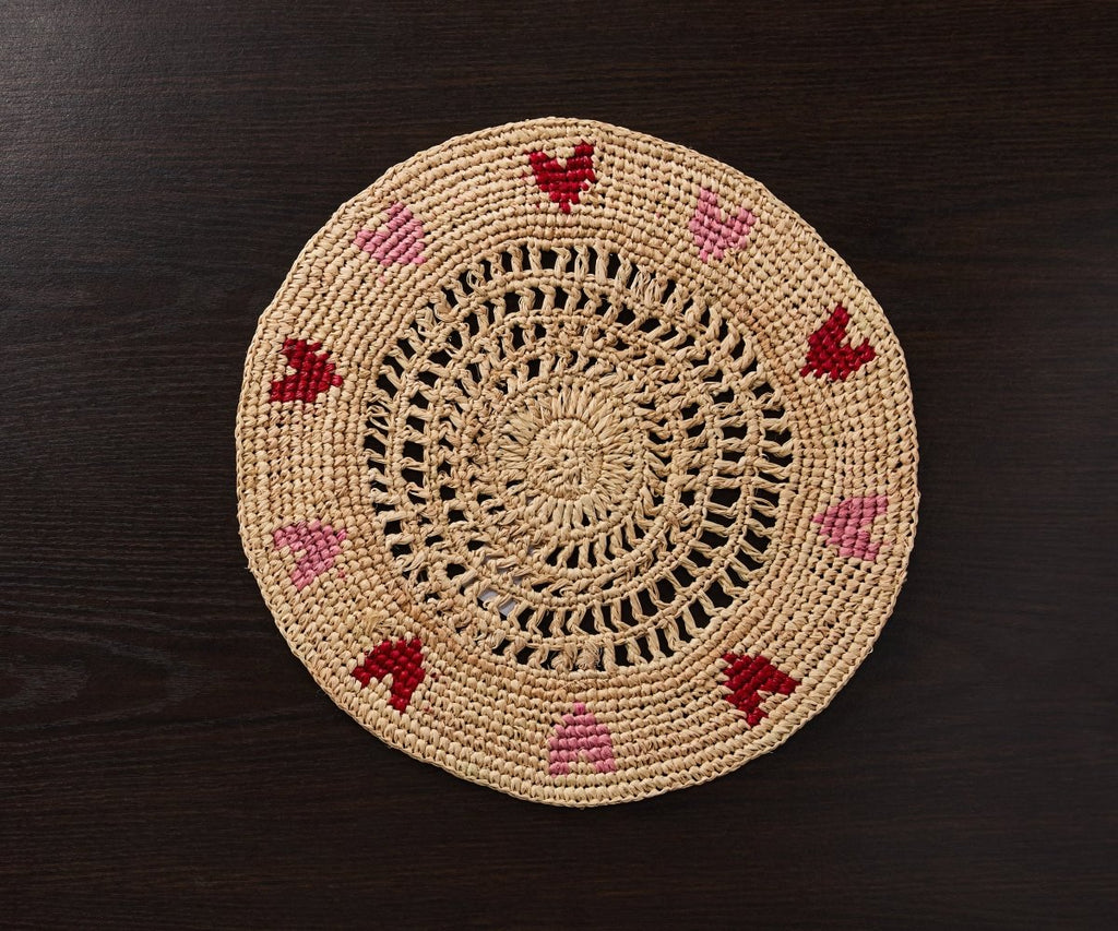 Handwoven Heart Raffia Placemat – Artisan Table Décor with Red & Pink Hearts - Liza Pruitt