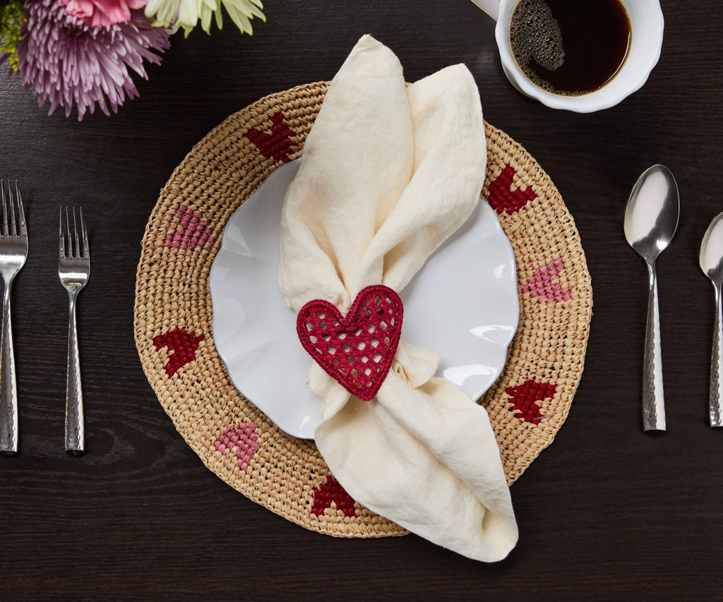 Handwoven Heart Raffia Placemat – Artisan Table Décor with Red & Pink Hearts - Liza Pruitt
