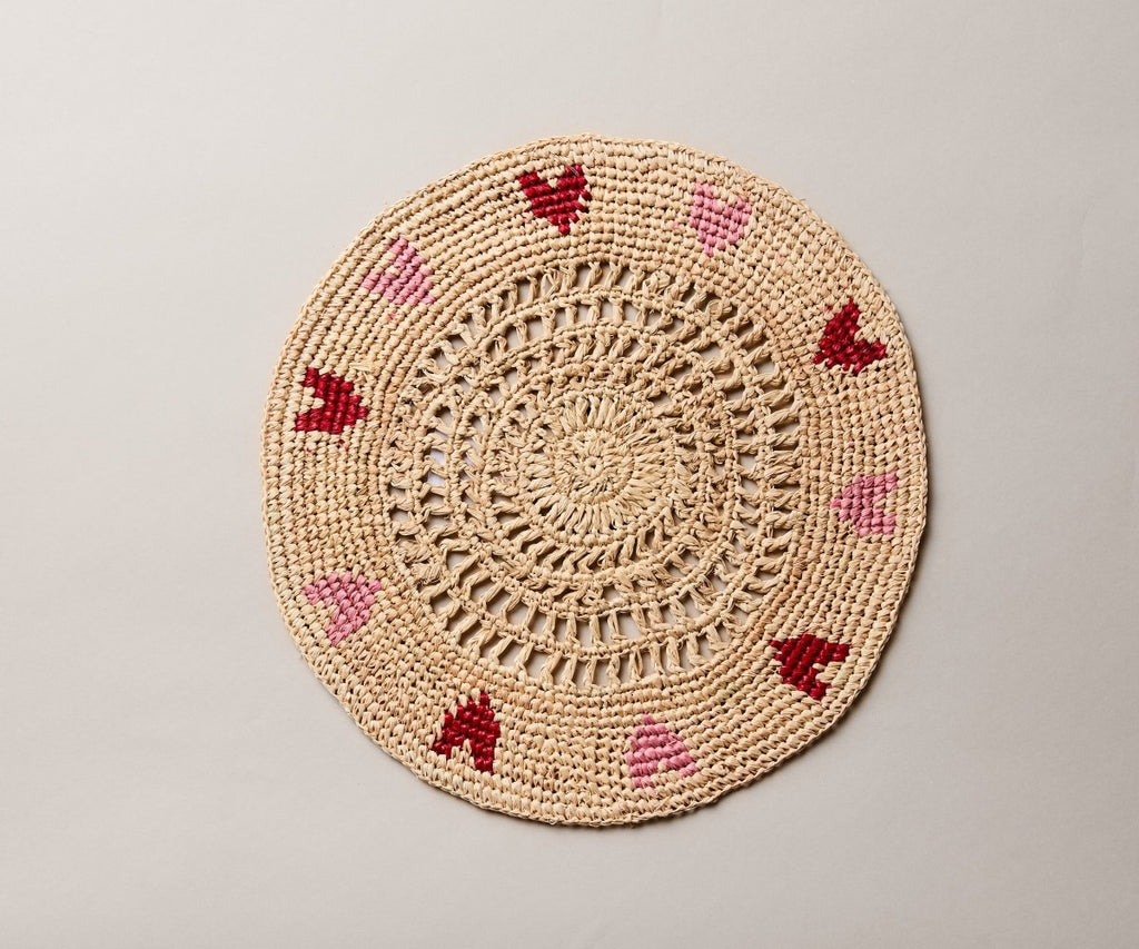 Handwoven Heart Raffia Placemat – Artisan Table Décor with Red & Pink Hearts - Liza Pruitt