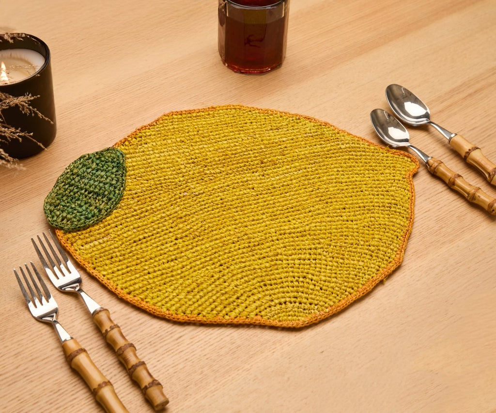 Handwoven Lemon Placemat – Raffia Fruit Shaped Table Mat, Summer Table Decor - Liza Pruitt