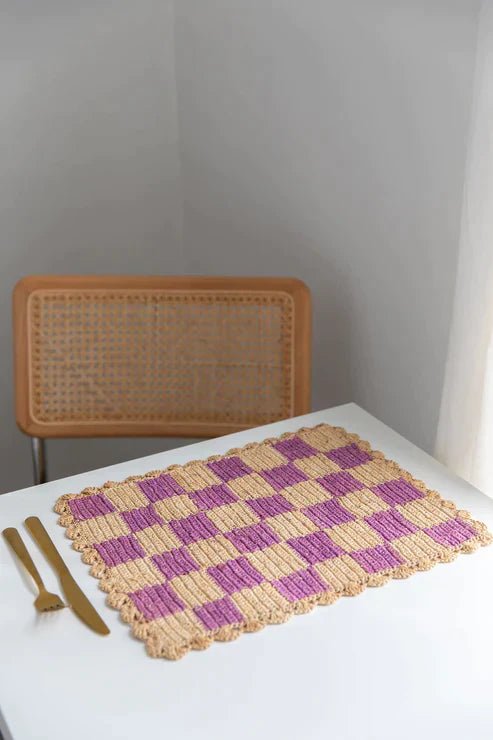 Lavender checked Placemat, Rectangular raffia tabletop - Liza Pruitt