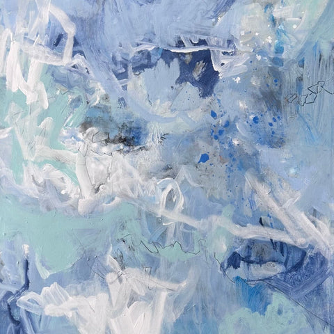 atmospheric abstract painting rooted in layered blues, soft whites, and mineral tones.