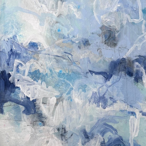 Artwork featuring immersive palette of blues and softened neutrals. 