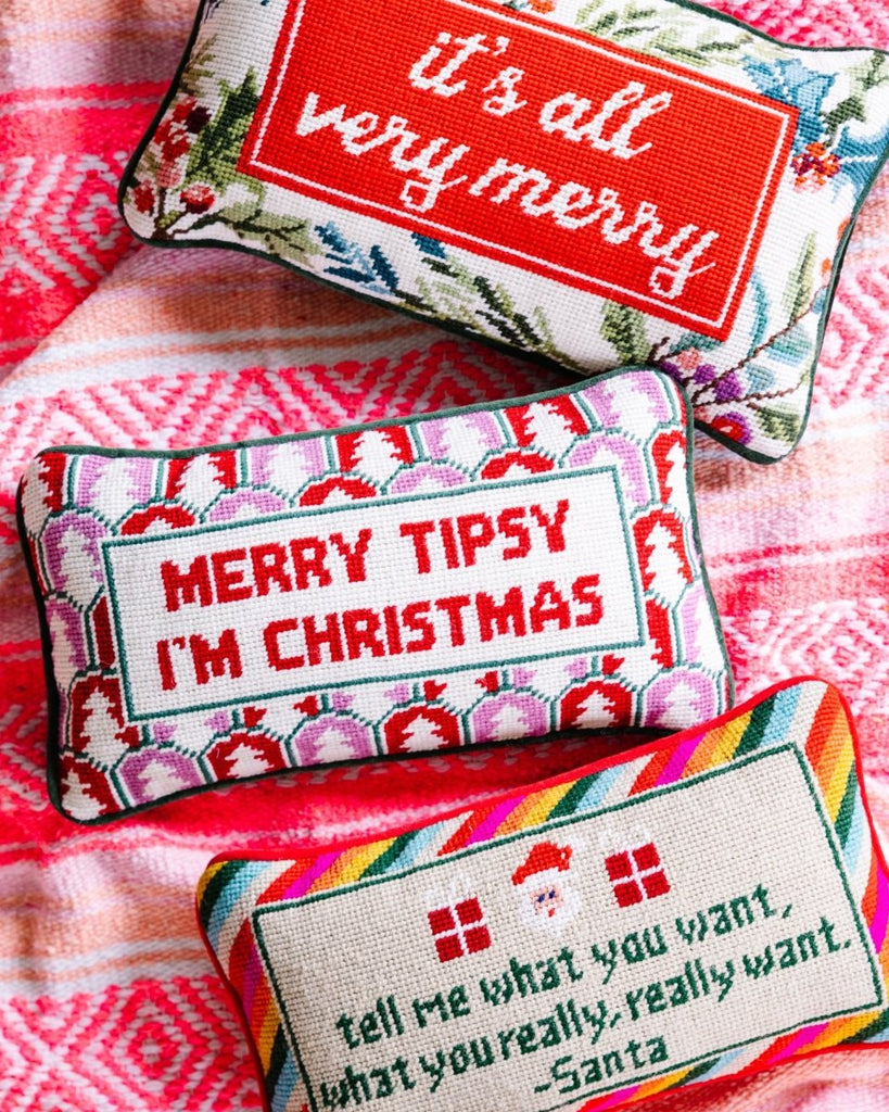 Merry Tipsy Needlepoint Pillow - Liza Pruitt