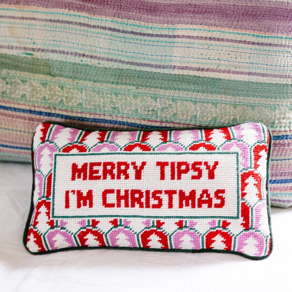 Merry Tipsy Needlepoint Pillow - Liza Pruitt
