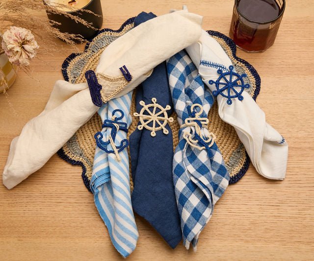 Nautical Anchor Napkin Rings – Coastal Table Decor, Handmade Raffia Napkin Holders, Set of 4 Blue and White Anchor Rings, Ocean Party Decor - Liza Pruitt
