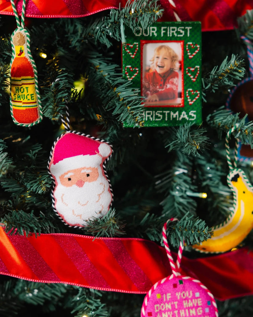 Needlepoint Icon Ornament - Pink Santa - Liza Pruitt