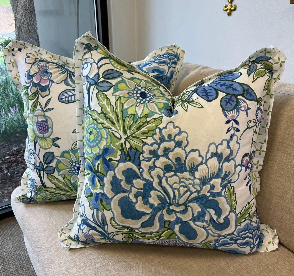 Peony Garden in Blue & Green Pillow Cover by Thibaut - Liza Pruitt