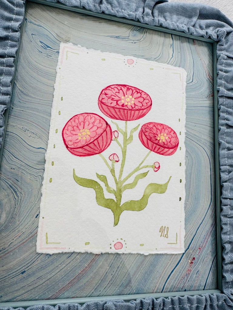Pink Peony in Blue Ruffle | 14" h x 12" w | Framed - Liza Pruitt