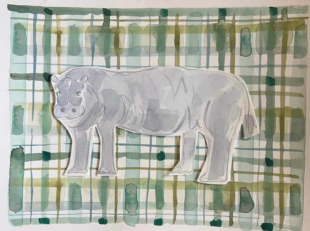 Plaid Hippo | 9" h x 12" w | Original - Liza Pruitt